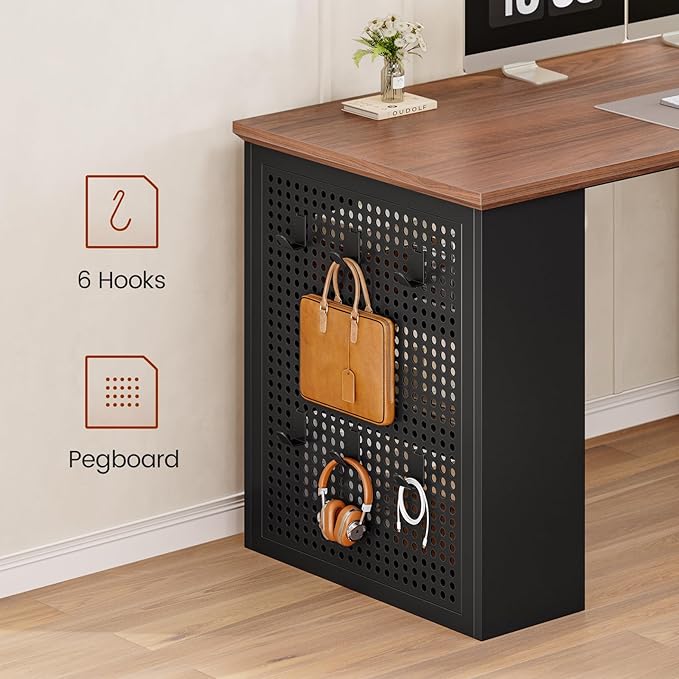 L Shaped Desk, 55" Reversible Office Desk with File Drawers & Storage Shelves, Modern Executive Desk with Power Outlets, Pegboard, 6 Hooks, Rotating Corner Computer Desk for Home Office, Walnut