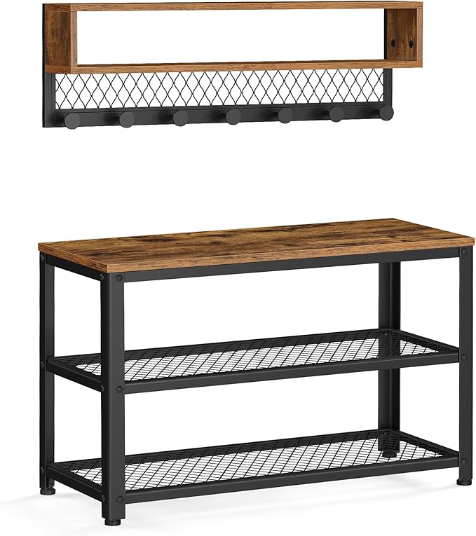 VASAGLE Coat Rack Shoe Bench Set, Hall Tree with Bench, Entryway Furniture, Multifunctional, Dot Coat Hooks, 2-Tier Shoe Rack, Industrial Style, for Entryway, Hallway, Rustic Brown ULCR073K01