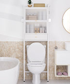 Over The Toilet Storage Shelf with Drawer, Above Bamboo Bathroom Organizer Cabinet with Anti-Tip and Waterproof Feet Pad Design, Freestanding Shelf for Bathroom (White)