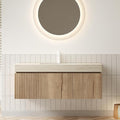 48 Inch Floating Bathroom Vanity with Sink, Wall-Mounted Bathroom Vanity with Drawer and 2 Doors, Roma Travertine-Pattern Countertop and Ceramic Basin, Pre-Assembled, White Oak