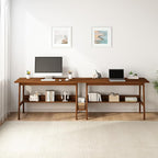 2-Person Writing Desk with Bookshelf - 110" Wooden Extra Long Home Office Work Table, Double Study Computer Workstation with Storage Shelves in Walnut, 110" W x 24" D