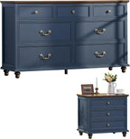 Farmhouse Dresser and Nightstand Sets, Wooden 7 Drawers Dresser & 24" Night Stand with 3 Drawers, 2 Piece Bedroom Furniture Set, Chest of Drawers for Bedroom, Home, Living Room, Hallway