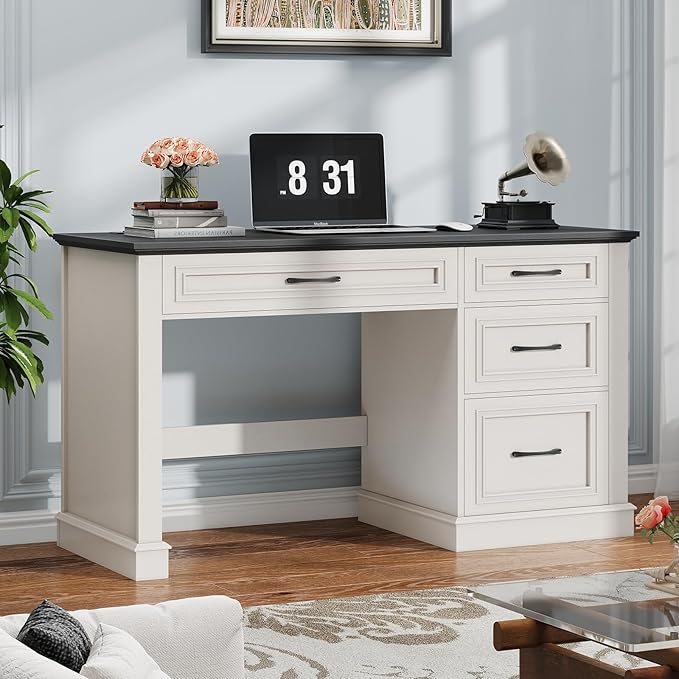 Farmhouse 47" Executive Desk, Computer Desk with Drawers and File Drawer, Workstation Computer Desk with Charging Station for Home Office, Study (Black)