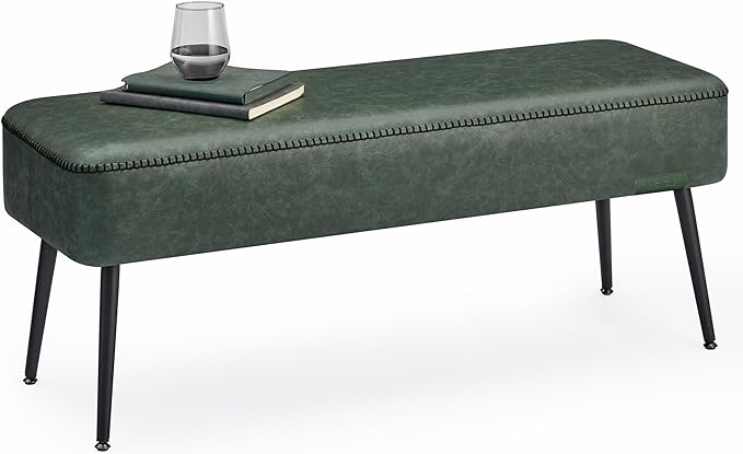 VASAGLE EKHO Collection - Bench for Entryway Bedroom, Synthetic Leather with Stitching, Ottoman Bench with Steel Legs, Living Dining Room, Mid-Century Modern, Loads 660 lb, Forest Green ULOM076C01
