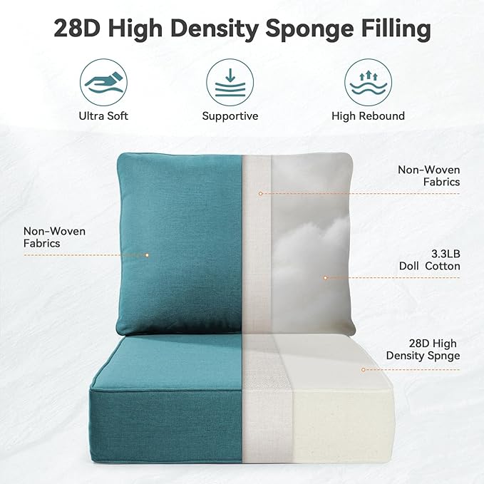 Luxury 6" Outdoor Cushions for Patio Furniture, 24x24x6" Thick Seat Cushion Set of 7, Fade Resistant Couch Chair Replacement Cushions High Density Deep Wicker Chair Cushion w/ Removable Cover, Green