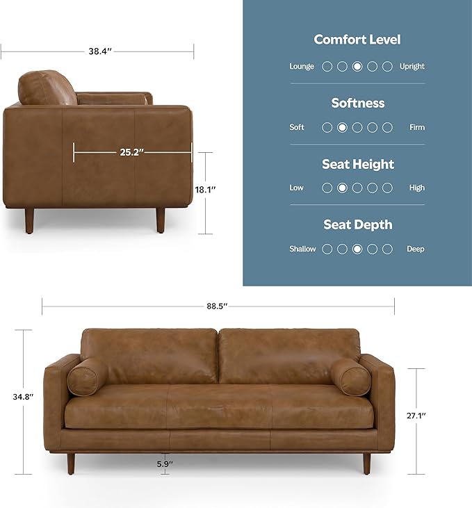 SIMPLIHOME Morrison 89-inch Wide Sofa in Caramel Brown Top Grain Genuine Leather, Mid-Century Modern Design Couch for Living Room, Single Bench Cushion, 2 Back Cushions, 2 Bolster Pillows