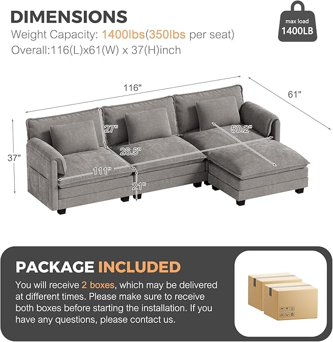 ELUCHANG 113" Modular Sectional Sofa, Comfy Cloud Couch, L Shaped Deep Seat Sofa Couches for Living Room, 4-Seater Modern Sofa with Movable Ottoman, DIY Combination - Chenille Light Grey