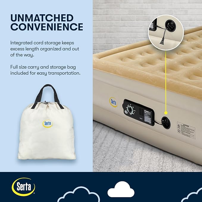 Serta Raised Air Mattress with Never Flat Pump | Luxury Inflatable Mattress with Built in Air Pump to Ensure a Good Night’s Rest | Heavy Duty Blow Up Mattress with Self Inflating Pump