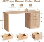 60'' Fluted Executive Desk with Drawers,Wood Home Office Desk with Storage Modern Fluted Computer Writing Desk for Study, Living Room, Bedroom,Natural Oak