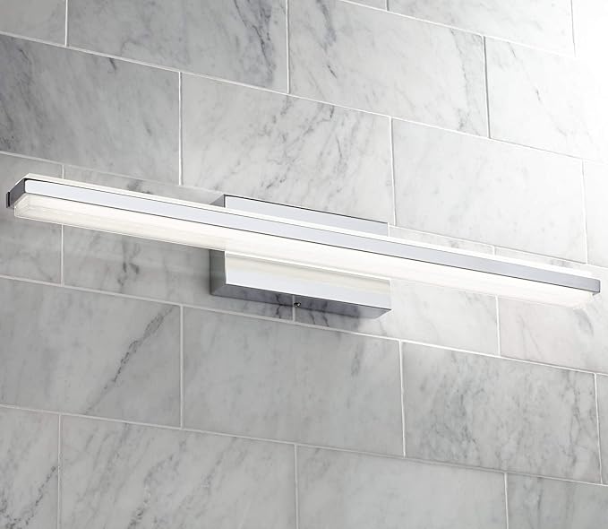 Possini Euro Design Eloe Mid Century Modern Wall Mount Light LED Chrome Silver Hardwired 31 1/4" Wide Light Bar Shade Fixture Painted White Glass for Bathroom Vanity Mirror House Home Room Decor
