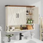 Bathroom Wall Cabinet, Farmhouse Medicine Cabinet with Adjustable Wood Shelf & 3 Doors, Over The Toilet Storage Cabinet for Wall Mounted for Bathroom Laundry Room Kitchen, White and Brown