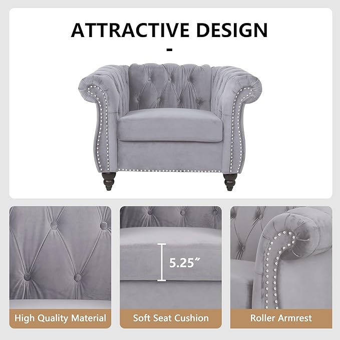 2 Piece Living Room Furniture Set, Velvet Loveseat and Chair Set, Mid Century Modern Upholstered Sofa Couch with Cushions, Comfy Tufted Chesterfield Couches for Living Room, Bedroom, Office
