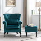 Mid Century Modern Accent Chair Upholstered Armchair Comfy Velvet Tufted Wingback Single Sofa with Ottoman for Bedroom Living Room, Teal