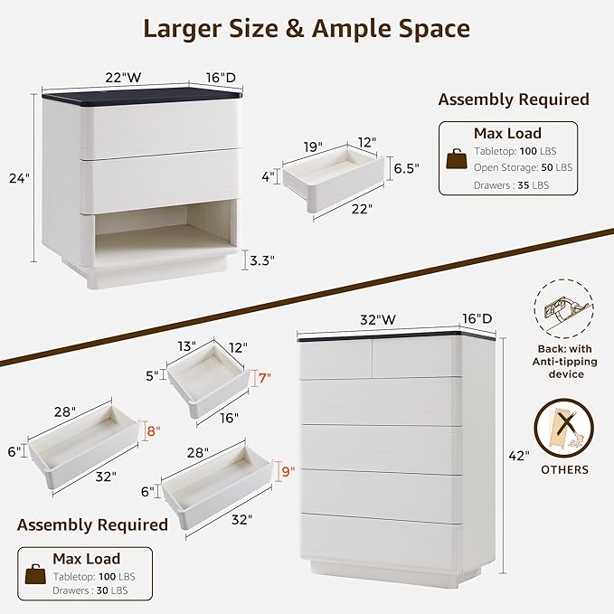 ACCOHOHO Modern Bedroom Set, 3 Pieces Bedroom Furniture Set, Wood 6 Drawer Dresser and Nightstands Set of 2, Chest of Drawers Wide Storage Organizer Cabinet for Bedroom, White