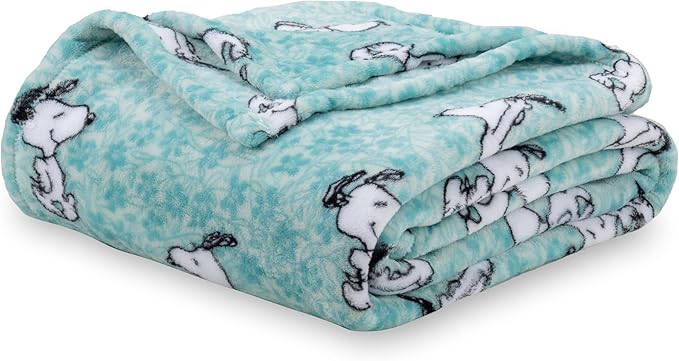 Berkshire Blanket Peanuts® VelvetLoft® Cute Character Snoopy Plush Blanket,Snoopy Springtime Floral Dance Large Blue,Full/Queen 90 in x 90 in (Official Peanuts® Product)