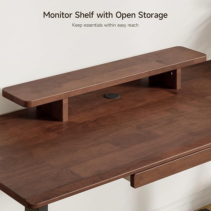 ONBRILL Standing Desk with Drawer, 47x23.6 Inches Solid Wood Desktop Stand Up Desk with Whole-Piece Board and Storage Shelf, Adjustable Height from 28-46 Inches for Home & Office, Black Walnut