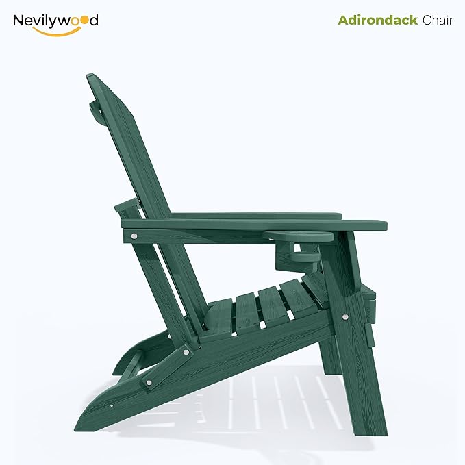 nevilywood Folding Adirondack Chair - Extended Ergonomic Backrest, Cup Holder - Easy Assembly - Durable HDPE Plastic, Weather Resistant & Maintenance-Free - Lawn, Patio, Deck Supports 380lbs,Green