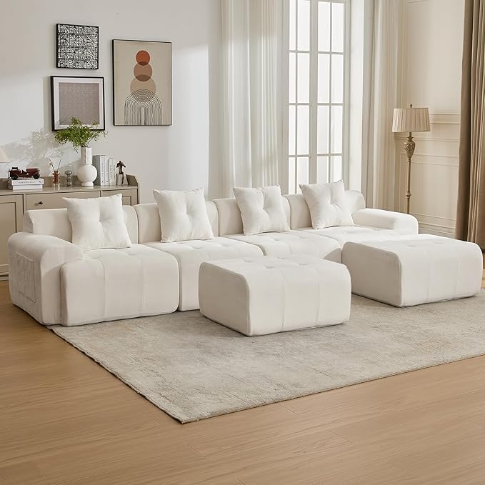 129.23”Modular Sectional Couch for Living Room, Modren L-Shape Cloud Sectional 4-Seater Sofa with 2 Movable Ottomans, Woven Texture Upholstery Boneless Couch, No Assembly, Beige