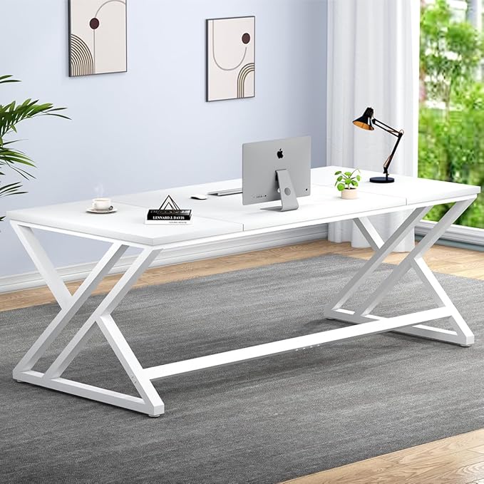 LVB White Long Computer Desk, Modern Large Wood Metal Office Desk, Farmhouse Pc Study Work Writing Desk for Two Person, Rustic Double Workstation Executive Desk for Home Bedroom Living Room, 70 Inch