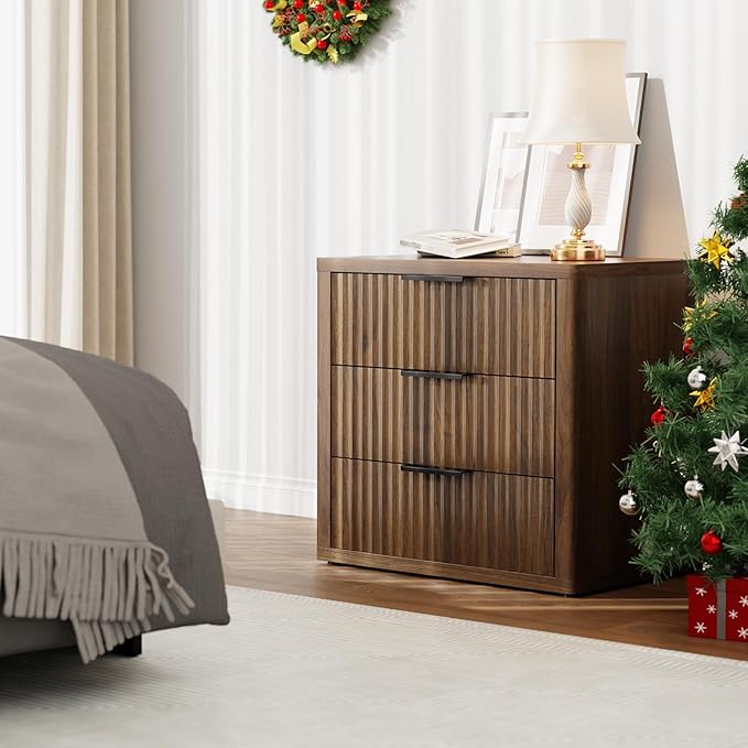 Night Stand with 3 Drawers, 23" Wide Modern Bedside Table with Large Storage, Fluted Bed Side End Table with Metal Handle, Tall Nightstand for Bedroom, Living Room, Office, Walnut, Set of 2