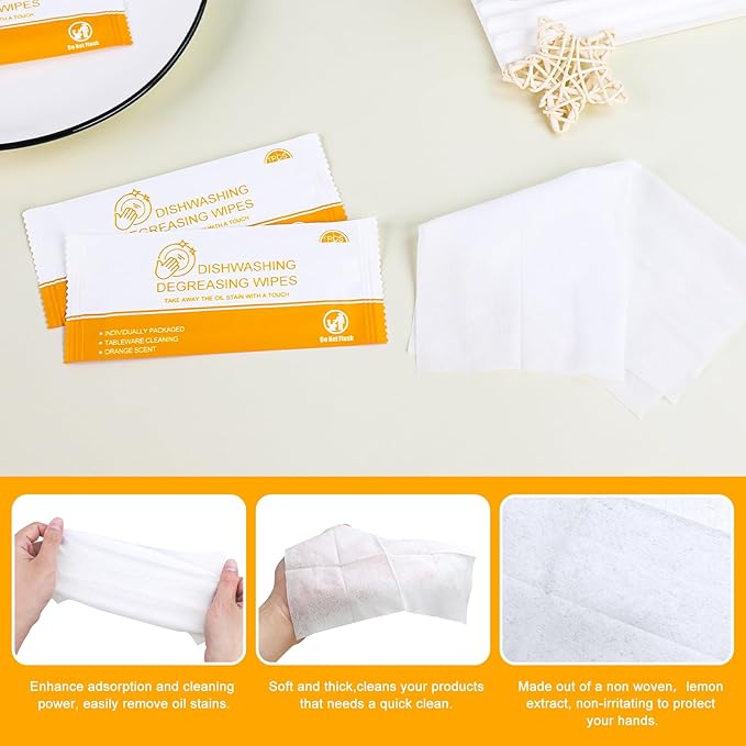 Dish Cleaning Wipes Individually Wrapped Travel Dish Soap Wipes Orange Scent Disposable Wipes Portable for Kitchen Outdoor Traveling Camping RV Quick Clean (100)
