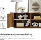 LKTART 64" Sideboard Buffet Cabinet with Storage, Wooden Fluted Storage Cabinet Sideboard Credenza with Adjustable Shelves Pressed Spring for Kitchen Living Room (Walnut)
