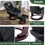 Swivel Recliner Chair with Ottoman, Adjustable PU Leather Recliner with Wood Base, Thick Padded Cushion, Modern Reclining Chair & Ottoman Set for Living Room, Bedroom, Office, Small Spaces (Black)