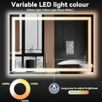 VooBang LED Wall Mounted Mirror with Lights, 40x30 inches Bathroom Mirror, Button to Adjust Lights, Three Lighting Modes, Tempered Glass with Anti-Fog Function, Suitable for Vanity and Bedroom, White