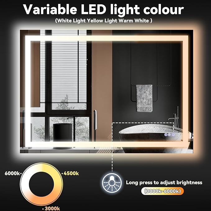 VooBang LED Wall Mounted Mirror with Lights, 40x30 inches Bathroom Mirror, Button to Adjust Lights, Three Lighting Modes, Tempered Glass with Anti-Fog Function, Suitable for Vanity and Bedroom, White