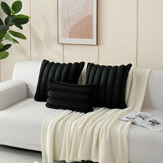 FUTEI Black Decorative Throw Pillow Covers 20x20 Inch Set of 2, Square Soft Faux Rabbit Fur Thick Striped Cushion Cover,Winter Home Decor for Couch Bed Living Room