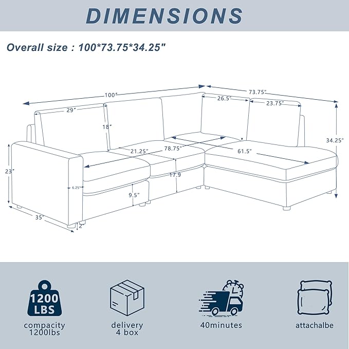100“ L Shaped Couch with Reversible Chaise Sectional couches Sofa Corner Couches for Living Room,Apartment and Compact Spaces(Cream)