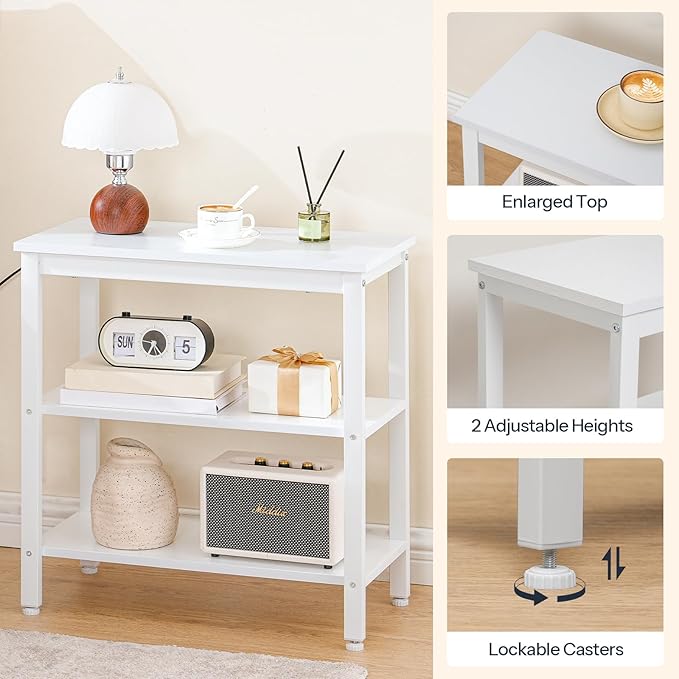 HOOBRO End Table, Simple Rustic Side Table with 3-Tier Storage Shelf, Narrow Nightstand for Small Spaces, Easy Assembly, for Living Room, Bedroom, Industrial Design, White WT14BZ01