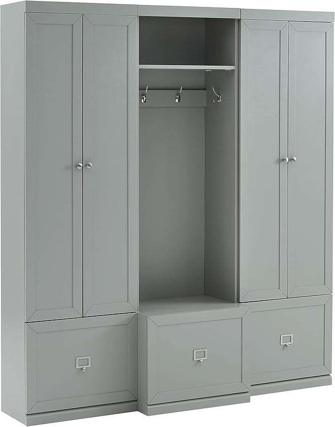 Crosley Furniture Harper 3-Piece Hall Tree and Storage Cabinet Set with Entryway Bench and Hooks for Hanging, Gray