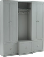 Crosley Furniture Harper 3-Piece Hall Tree and Storage Cabinet Set with Entryway Bench and Hooks for Hanging, Gray