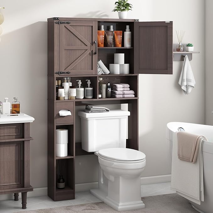 Vabches Over The Toilet Storage Cabinet, Farmhouse Storage Cabinet Over Toilet with Barn Doors & Toilet Paper Holder Stand，Home Space-Saving Toilet Rack, for Laundry, Bathroom, Restroom(Espresso).
