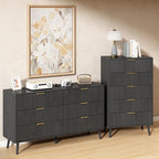 CARPETNAL Fluted 6 Drawer Dresser for Bedroom, 55" Wide Wooden Chest of Drawers with Rounded Corners, Gold Handles, Modern Storage Organizer for Bedroom, Hallway(Black)