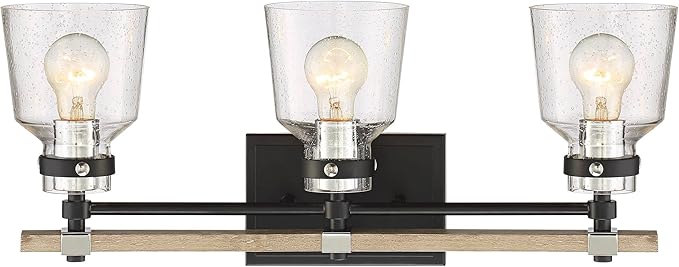 Possini Euro Design Broadway Modern Industrial Wall Light Black Painted Faux Wood Hardwired 23" 3-Light Fixture Clear Seedy Glass Shade for Bedroom Bedside Bathroom Vanity Living Room Hallway House