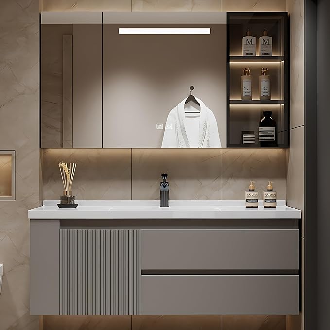 48IN Suspended Bathroom Cabinet Combo Set - Fully Functional LED Mirror Vanity with Smart Defogging & Time Display | Bathroom Vanity with Sink,Side Cabinets Storage Compartment (Style C)