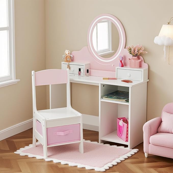 JOYLDIAS Kids Vanity with Lights, Pink Girls Makeup Vanity with 2 Drawer, Storage Cabinet & Shelves, 2 in 1 Toddler Vanity Table and Chair Set, Dressing Table for Kids 3+