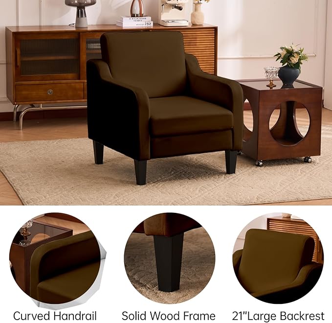 Accent Chair for Living Room, Modern Velvet Living Room Chairs with Wide Backrest, Upholstered Comfy Chair with Cushion, Oversized Sofa Chairs with Wood Legs, Single Armchairs, Brown