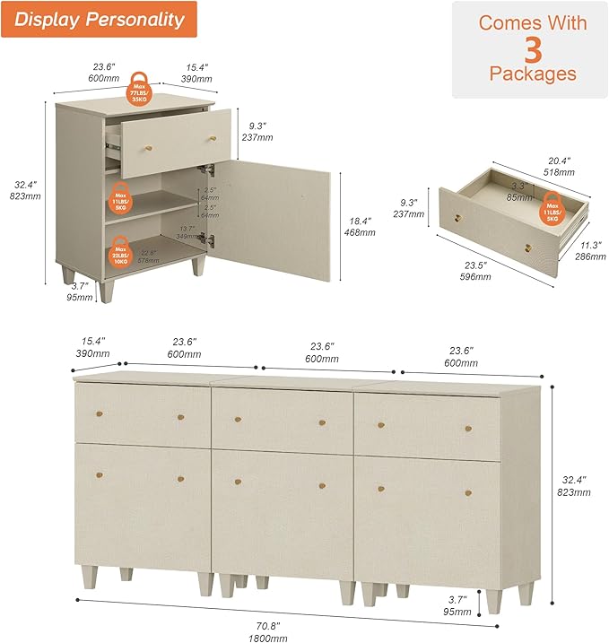 WAMPAT Set of 3 Storage Cabinets, 70.8" Kitchen Sideboards with Drawers and Doors, Modern Beige Coffee Bar Cabinets with Adjustable Shelves and Solid Legs for Living Room, Entryway, Hallway