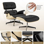 Top Black Grain Leather, Mid Century Chaise Lounge Chair and Ottoman, Modern Chair Classic Design, Ash Wood, Heavy Duty Base Support for Living Room Office