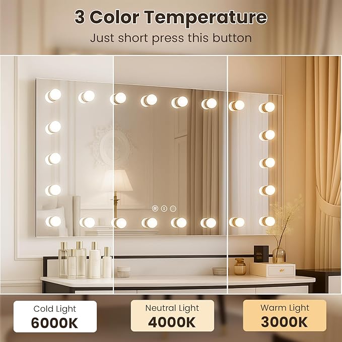 WTTY LED Bathroom Mirror with Lights 96"x36" Hollywood Wall-Mounted Mirror with 3 Color Temperatures, Stepless Dimmable Bulbs, Anti-Fog & Shatter-Proof