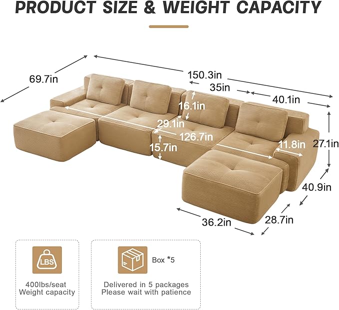 150.4” Camel Boneless Couches for Living Room, Modular Sectional Sofa with U-Shape Chaise, 4 Seater Comfy Upholstered Deep Seat Corduroy Fabric Cloud Couch No Assembly, Anti-Slip Design