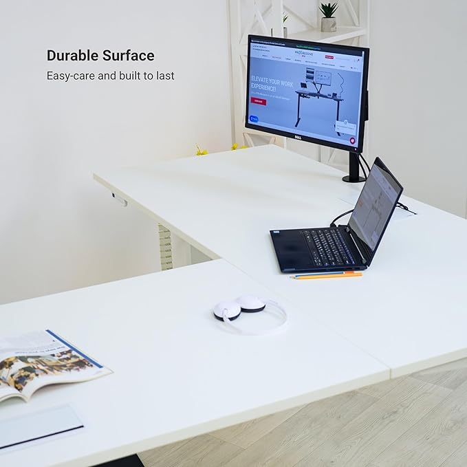 Progressive Desk Stand Up Height Adjustable Standing Desk - L Shaped 85" x 72" Corner Computer Rising Workstation Electric Table - Warm White, Black Frame
