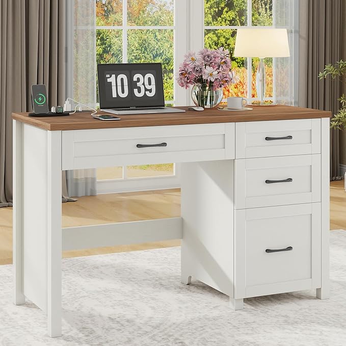 Vabches Farmhouse 47" Executive Desk, Computer Desk with File Drawer and Charging Station, Workstation for Home Office & Study（Off White