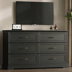 Farmhouse 6 Drawers Dresser for Bedroom, 54" Wide Modern Chest of Drawers with Deep Drawers & Bar Handles, Rustic Wood Dresser TV Stand, Wooden Closet Storage Organizer for Living Room, Hallway, Black