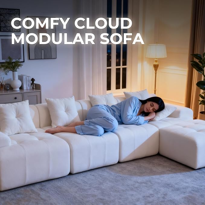 129.23”Modular Sectional Couch for Living Room, Modren L-Shape Cloud Sectional 4-Seater Sofa with 2 Movable Ottomans, Woven Texture Upholstery Boneless Couch, No Assembly, Beige
