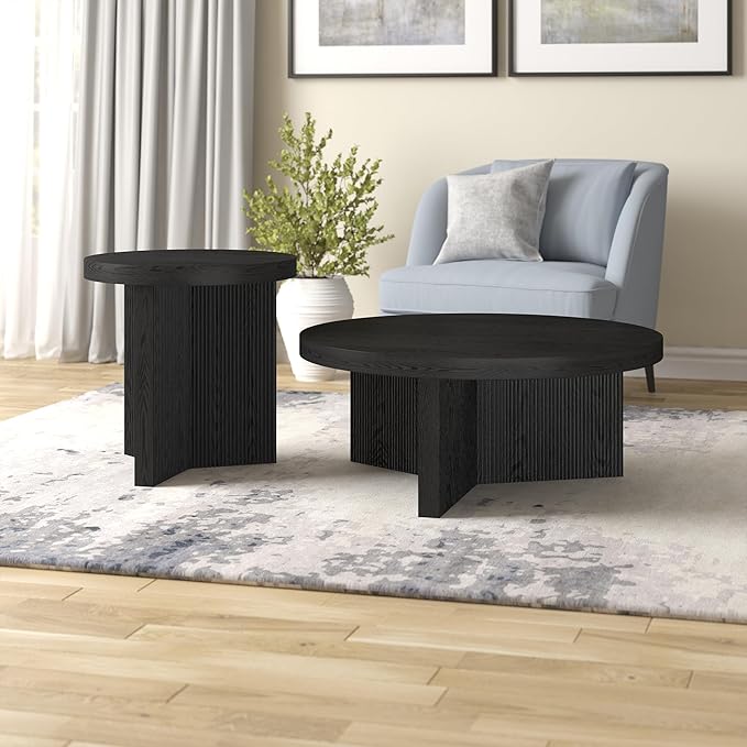 Henn&Hart 22" Fluted Scandinavian Round End Table, Ribbed Side Table, Nightstand for Living Room, Office, Family Room, or Bedroom, Black Grain