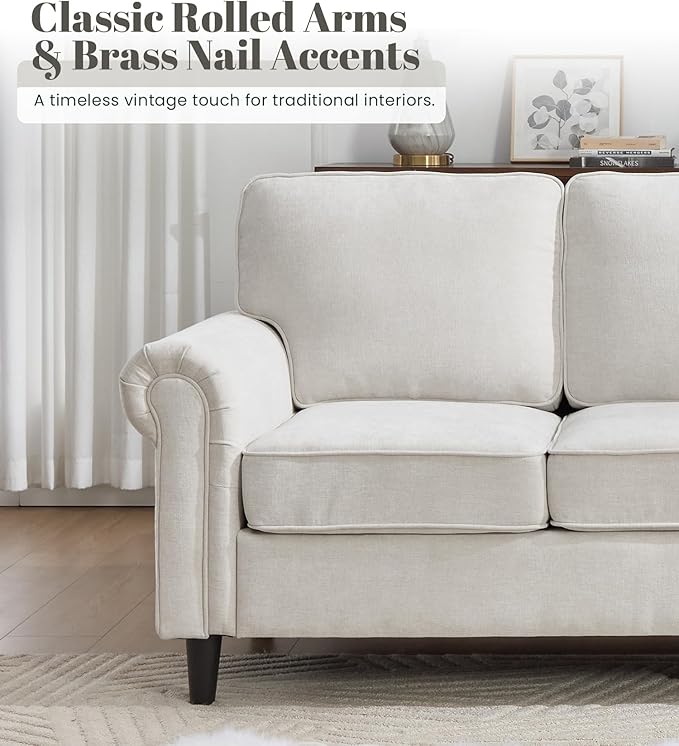 Kingfun 3 Seater Couch with Chair, Mid Century Modern Sofa Set with Rolled Arms and Deep Seats, Fluffy Comfort for Living Room, Apartment, Easy Assembly, Beige